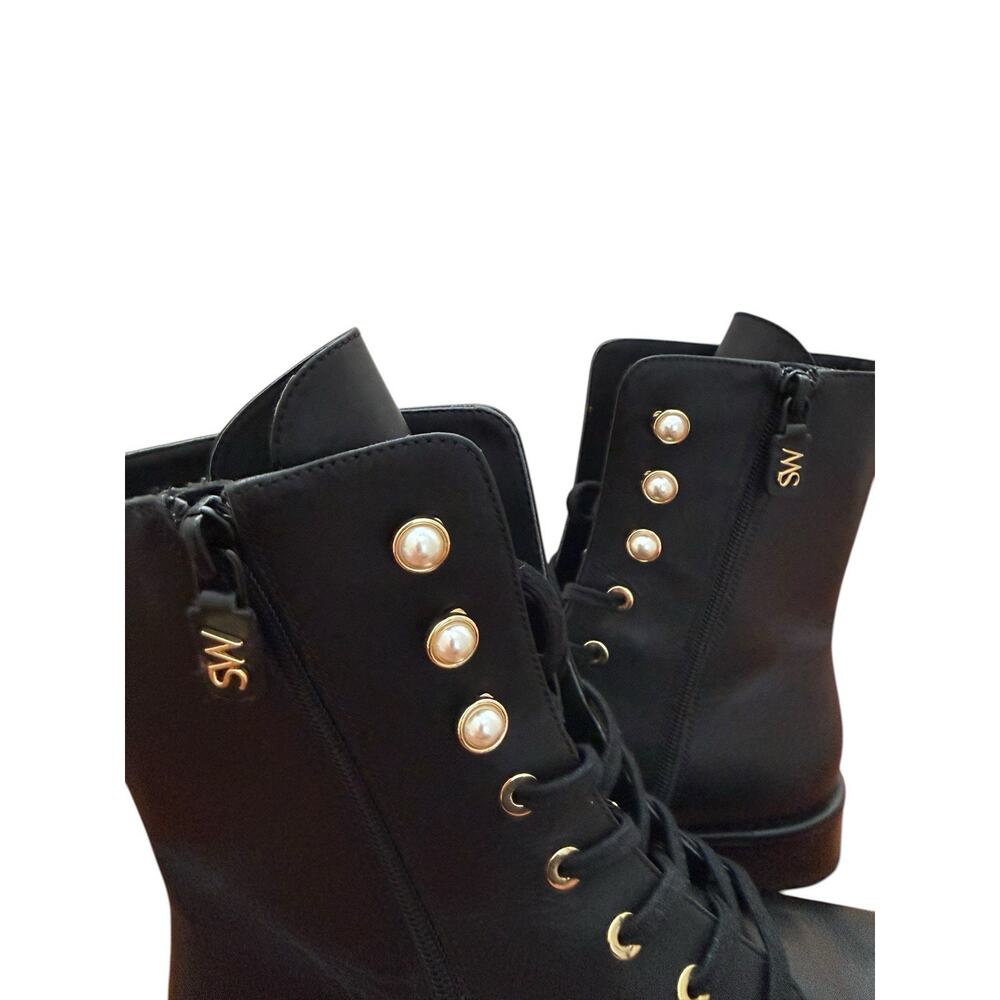 Stuart Weitzman Laine Pearl Leather Combat Boot In Black Size 8 - Picture 10 of 13